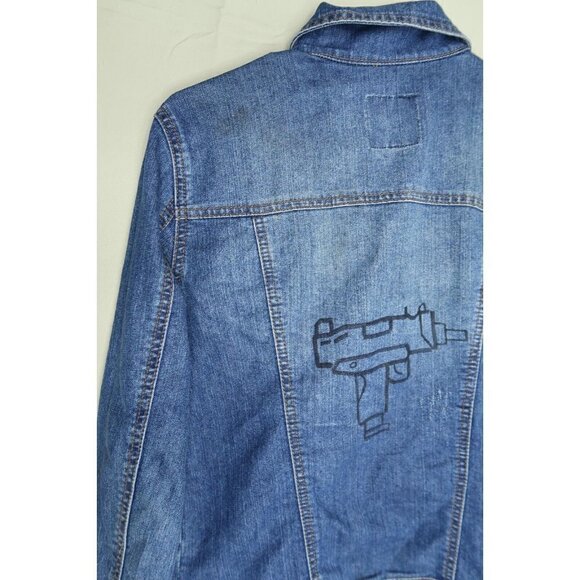Cavalini Denim Collection Denim Jacket Trucker Distressed Custom Gun Art Small - Picture 7 of 12